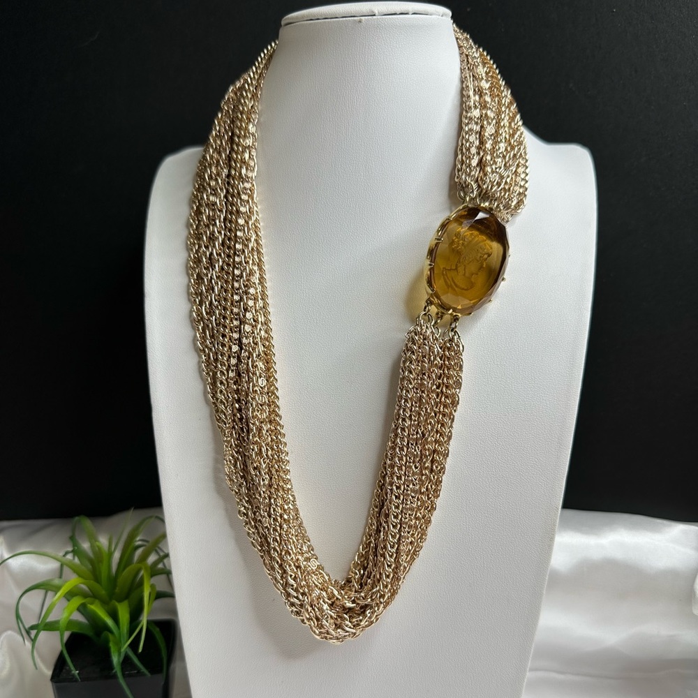 RARE Vintage Stunning Massive Amber Glass Reverse Cameo Necklace